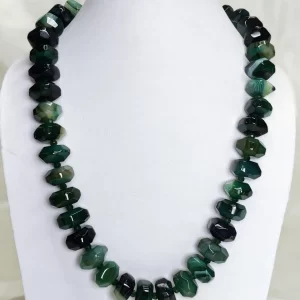 Green Glory - Double cushion cut beads of Onyx in all shades of sea and forest green flecked with varying shades of white come together in this knotted 18” single strand necklace. DN0034