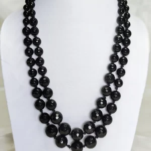 Winter Black - Knotted 18” double strand of Onyx beads graded in size, in deep shades of jet black. DN0039
