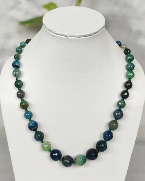 Deep Calm - DN0262 - Knotted 19” single strand of Onyx beads, in a wide palette of grassy greens, blues, mossy browns with banding, splotching, and marbling patterns, and griddled with dragon veins.