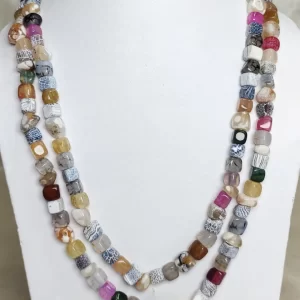Greek Goddess - DN0438 - Rough cubes and a variety of tumbles of Agate, Onyx, Feldspar, Iolite, and Quartz come together in this delicately coloured 19” necklace with a pleasingly soft palate of colours.