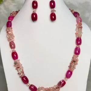 Crimson Seduction - DN0568 - Three strands of crimson rose tinted Onyx chips pool up with crimson pink beads with dragon veins in this dazzlingly rich 19” necklace.