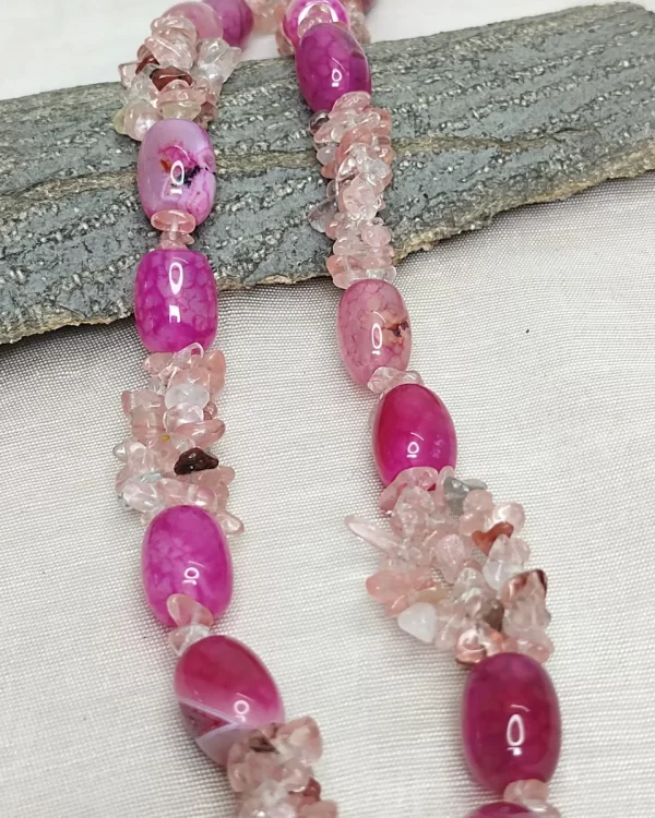 Crimson Seduction - DN0568 - Three strands of crimson rose tinted Onyx chips pool up with crimson pink beads with dragon veins in this dazzlingly rich 19” necklace.