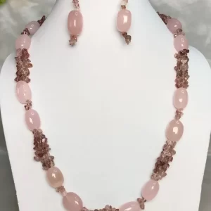 Pink Mist - DN0575 - Three strands of pink tinted Rose Quartz chips pool up with pink Rose Quartz beads to come up with a delightful 19” ring of rose around your neck!