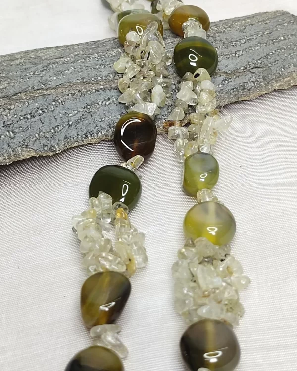 Memsahib - DN0585 - Three strands of Rock Crystal chips pool up with mossy green and woodland brown Onyx tumbles to form this refined 19” necklace.