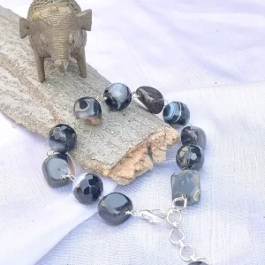 Black Is Beautiful - DB0048 - Bracelet - Solid, mottled, and banded tumbles, beads and chips of midnight black coloured Onyx and Agate, strung together in this simple statement piece.